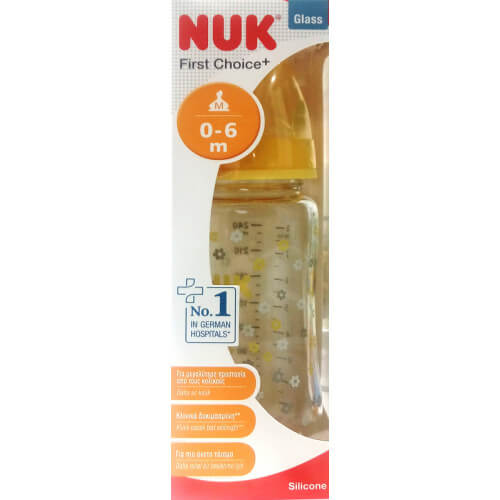 Nuk First Choice Γυάλινο Μπιμπερό με Θηλή Μεσαίας Οπής 0-6m Κίτρινο 240ml