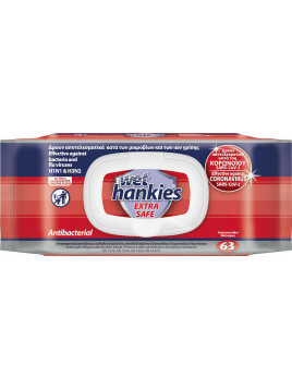 Wet Hankies Extra Safe Αντιβακτηριδιακά Μαντηλάκια 63τμχ