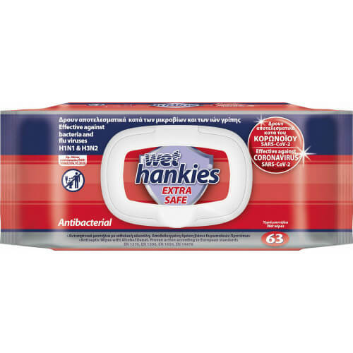 Wet Hankies Extra Safe Αντιβακτηριδιακά Μαντηλάκια 63τμχ