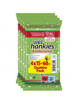 ΜΕΓΑ Wet Hankies Antibacterial Αντισηπτικά Μαντηλάκια Χεριών 4x15τμχ Λεμόνι
